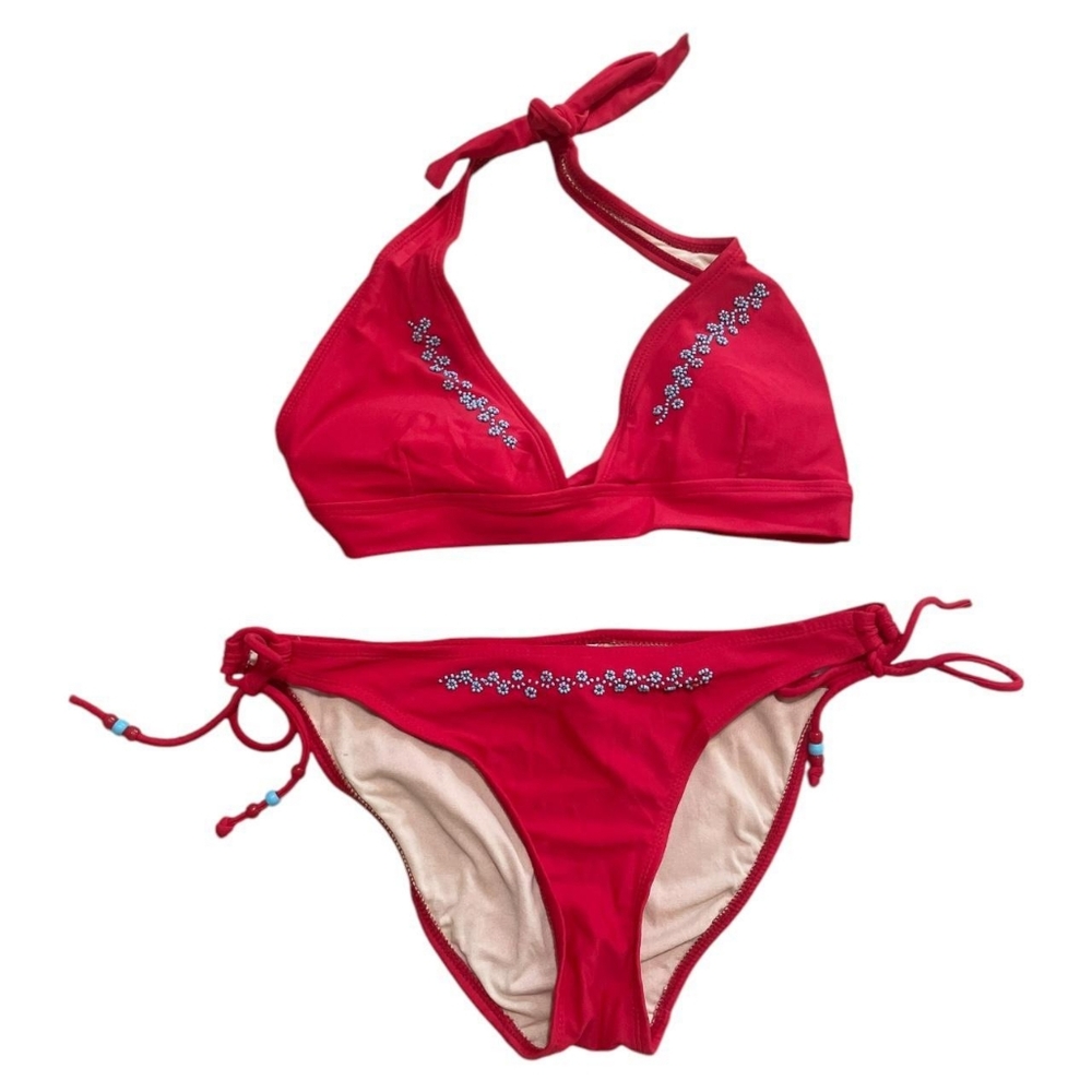 Xhilaration Women's Red and Blue Beading Halter Neck Strap Bikini Set